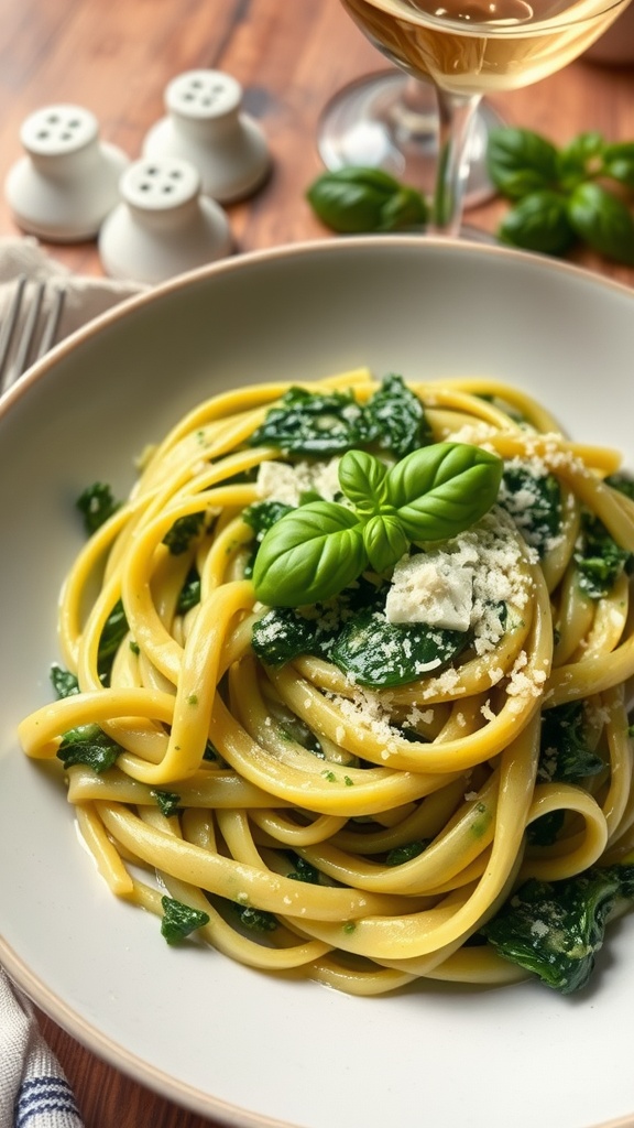 Creamy spinach fettuccine with basil and Parmesan cheese on a rustic table.